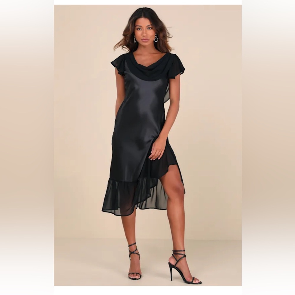 Lulu's Black Asymmetrical Slip Dress with Flutter Sleeves